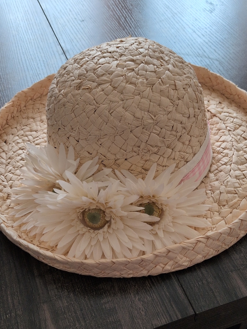 Straw Sun Hat With Floral Accents & Pink Gigham Ribbon